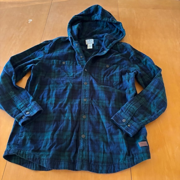 LL Bean Blue Green Plaid Flannel Hooded Snap Button Shirt Jacket Shacket M Mens - Picture 1 of 10